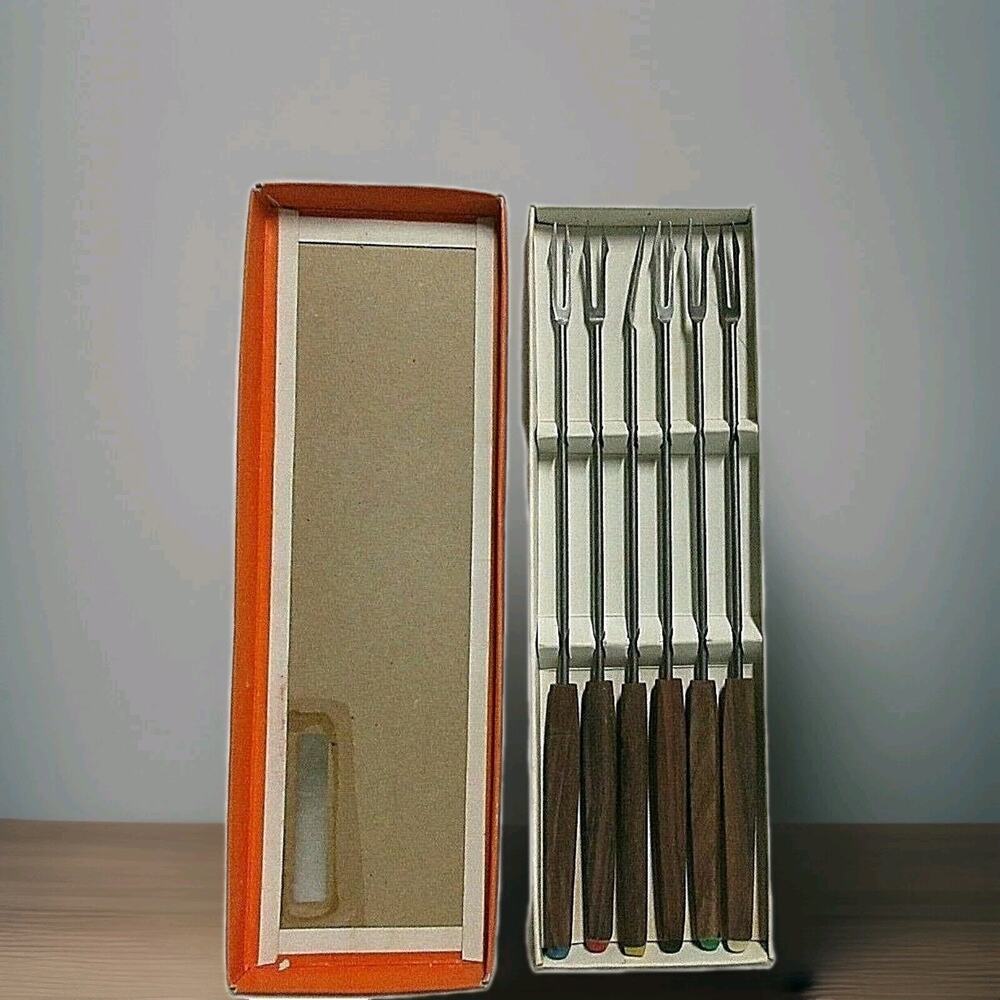 Vintage MCM Fondue Forks Wood Handles Stainless Steel BY DELUXE ORIGINAL BOX